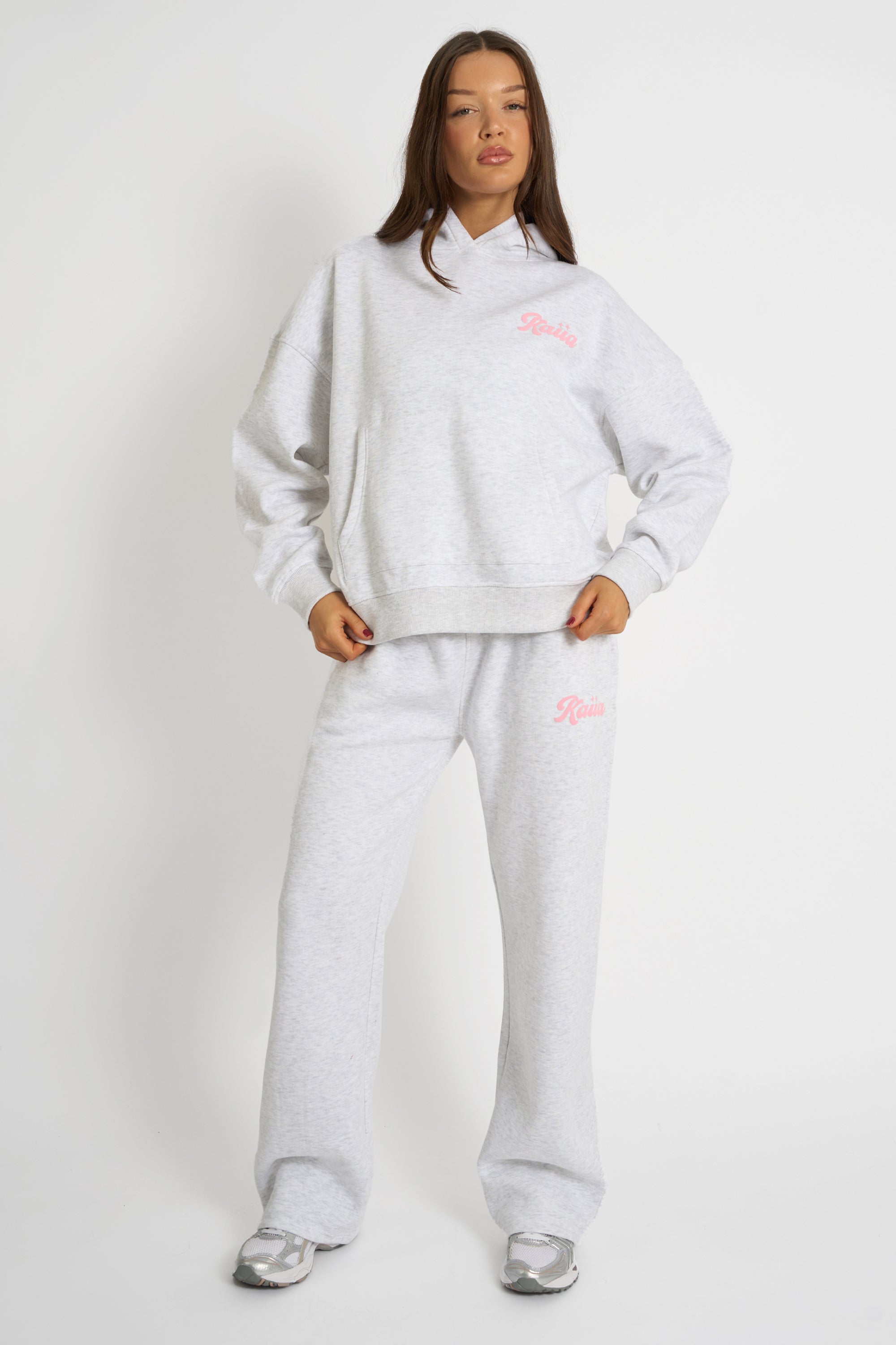 Kaiia Studio Bubble Script Oversized Hoodie Grey Marl & Pink