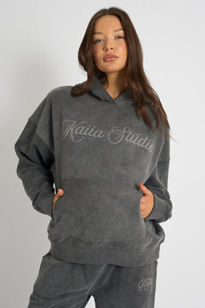 Kaiia Studio Diamante Embellished  Acid Wash Oversized Hoodie Dark Grey