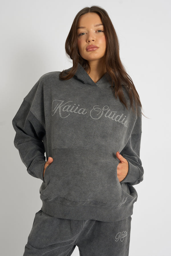 Kaiia Studio Diamante Embellished  Acid Wash Oversized Hoodie Dark Grey