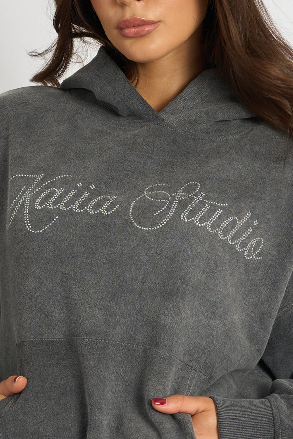 Kaiia Studio Diamante Embellished  Acid Wash Oversized Hoodie Dark Grey