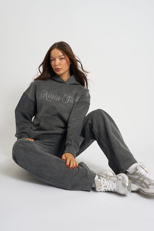 Kaiia Studio Diamante Embellished  Acid Wash Oversized Hoodie Dark Grey