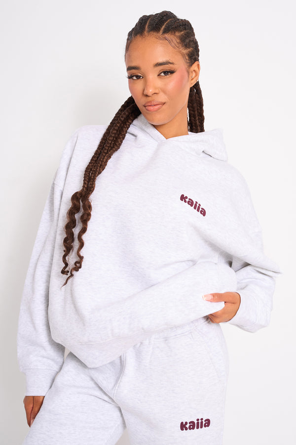 Kaiia Cherry Graphic Oversized Hoodie Light Grey Marl & Plum