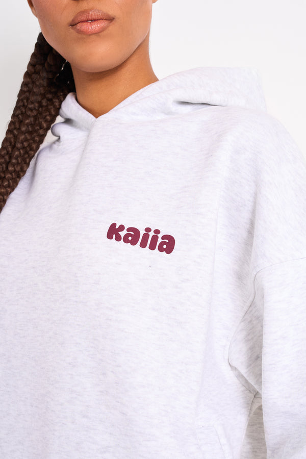 Kaiia Cherry Graphic Oversized Hoodie Light Grey Marl & Plum