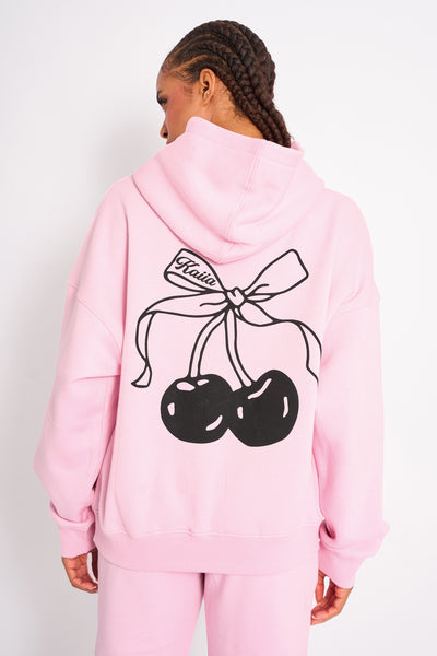 Kaiia Cherry Bow Graphic Oversized Hoodie Baby Pink & Black | Kaiia