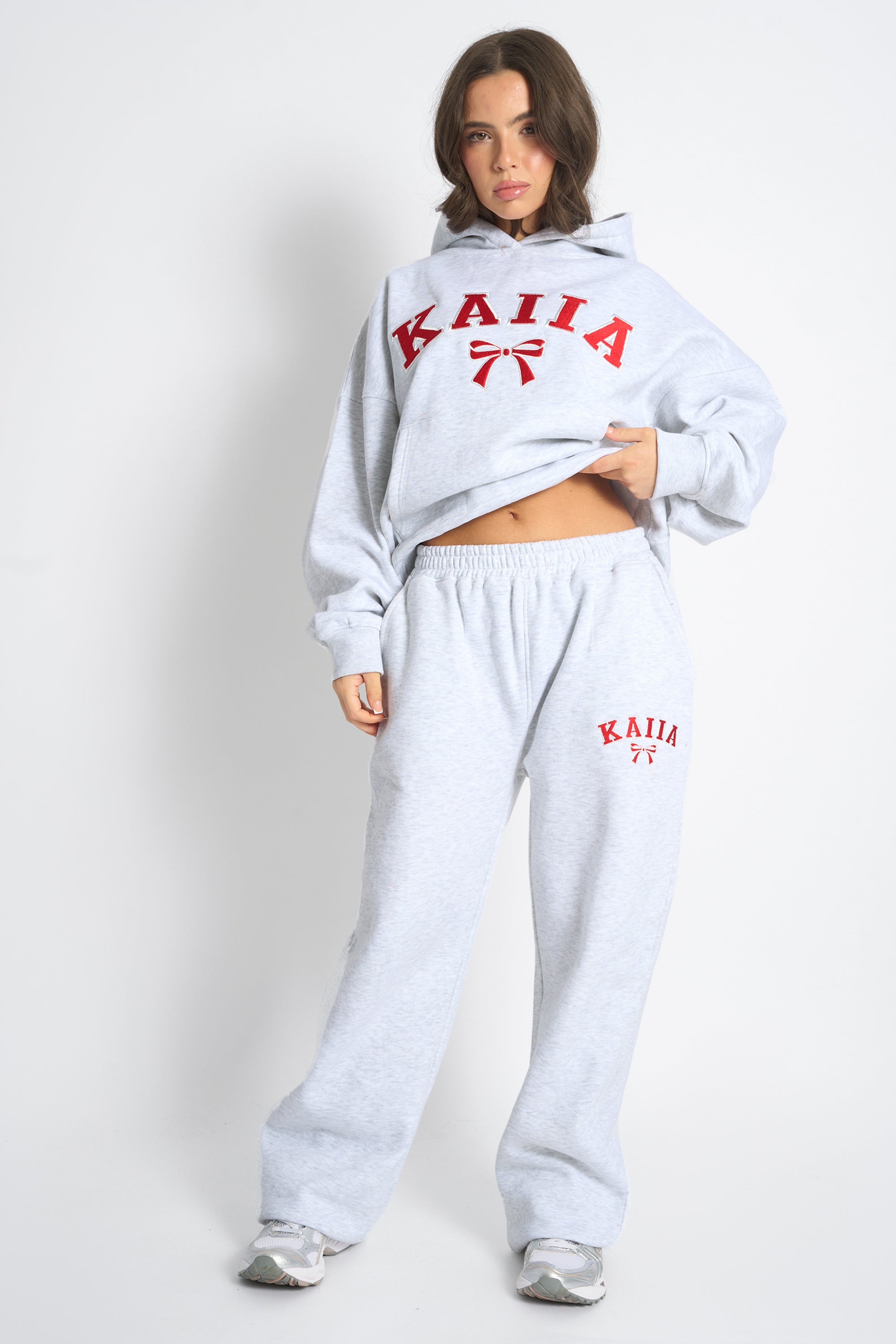 Kaiia Bow Embroidered Oversized Hoodie Light Grey Marl & Red