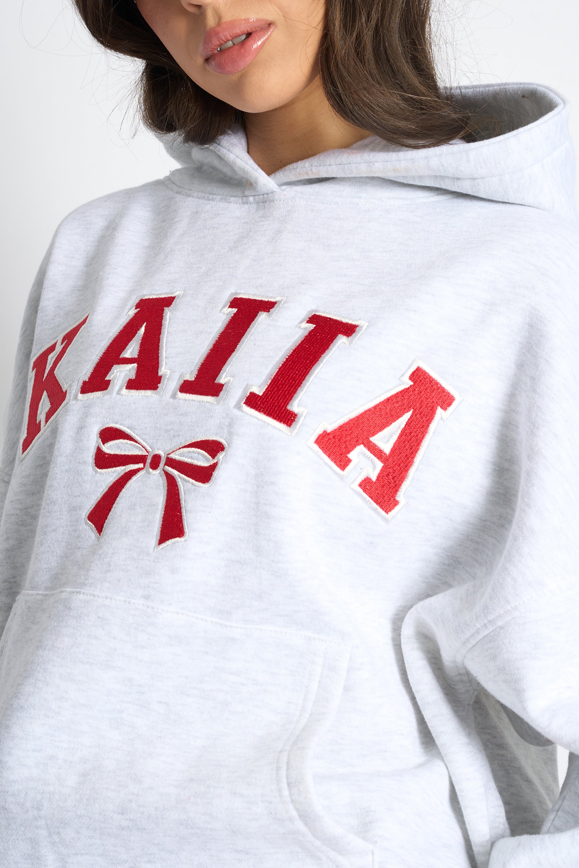Kaiia Bow Embroidered Oversized Hoodie Light Grey Marl & Red