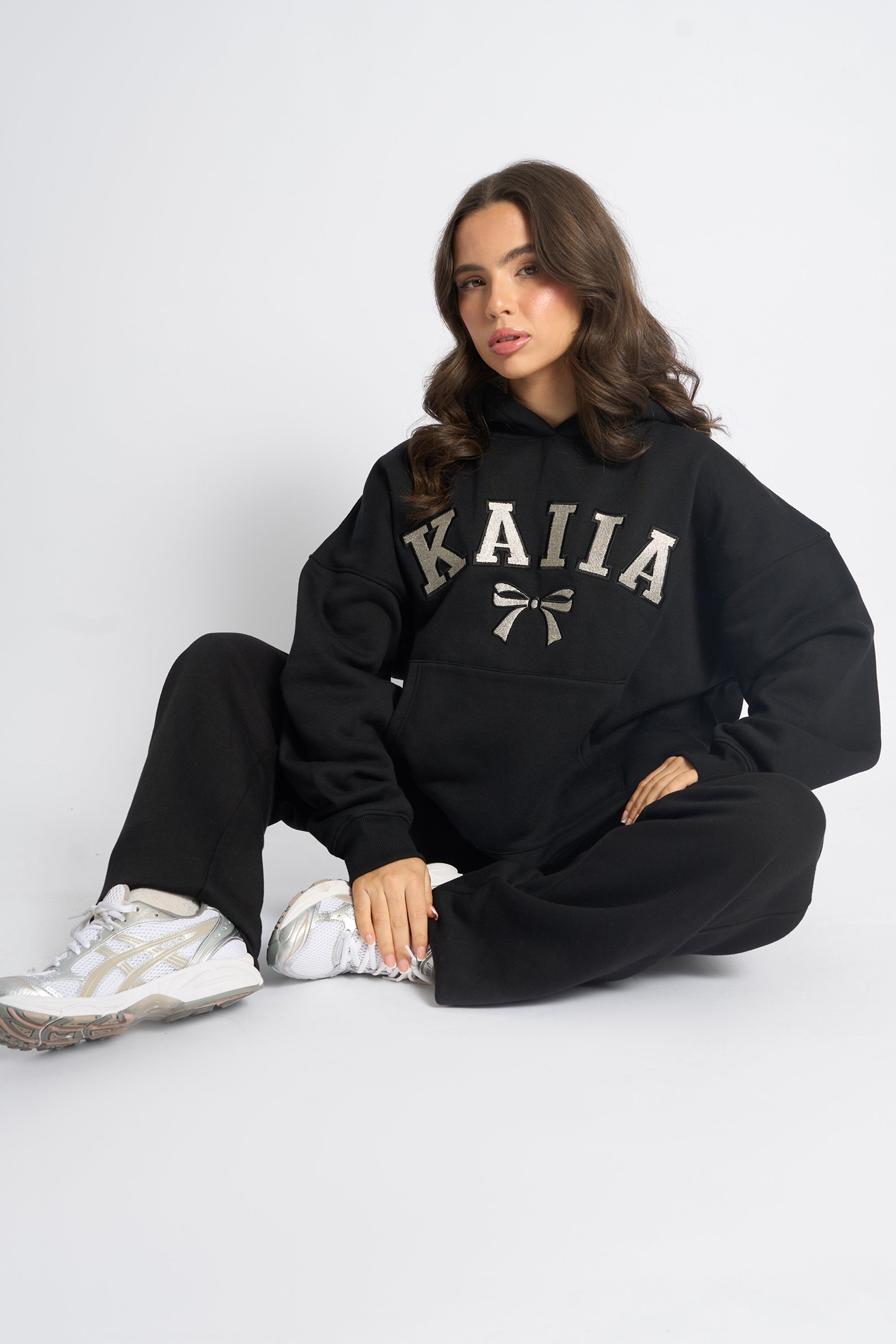 Kaiia Bow Embroidered Oversized Hoodie Black & Silver