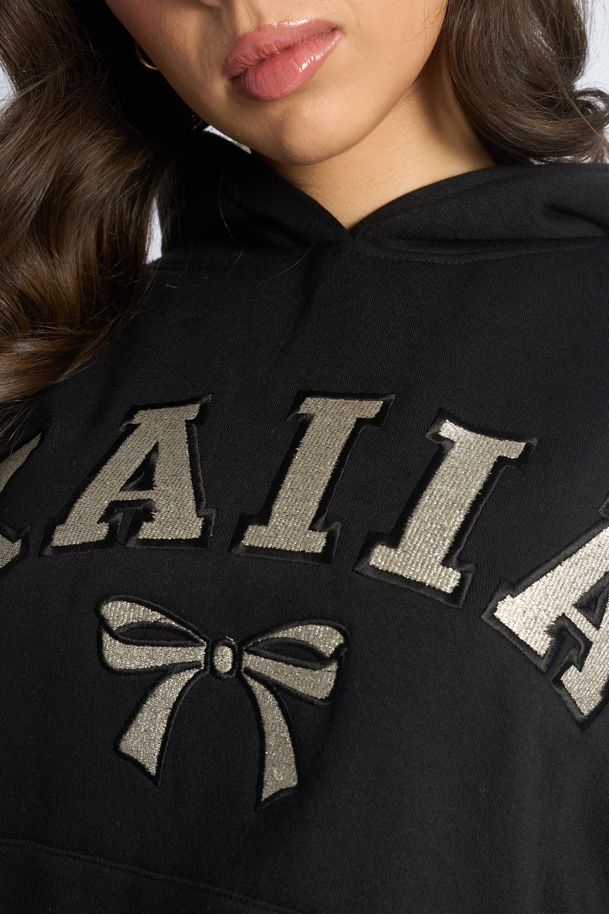 Kaiia Bow Embroidered Oversized Hoodie Black & Silver