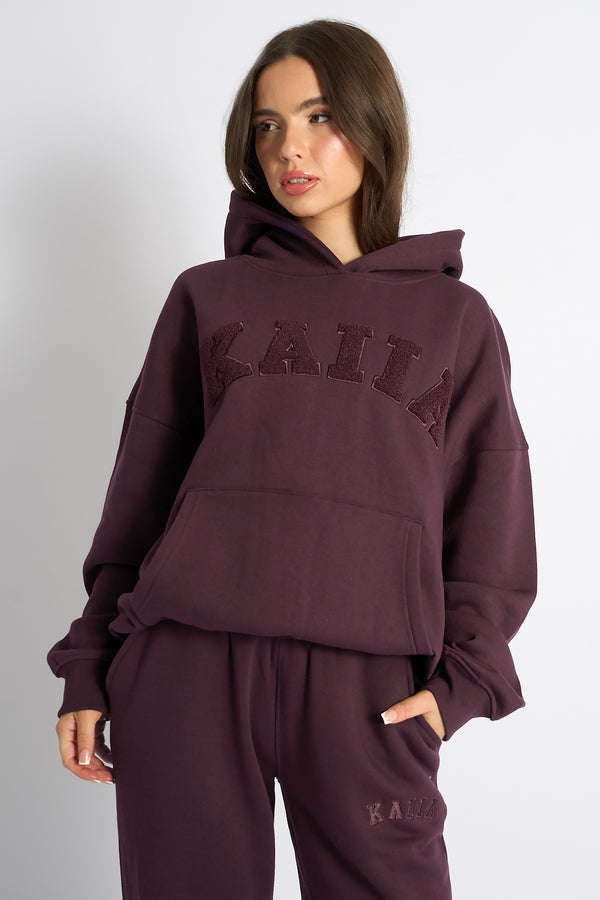 Kaiia Borg Slogan Oversized Hoodie Dark Cherry