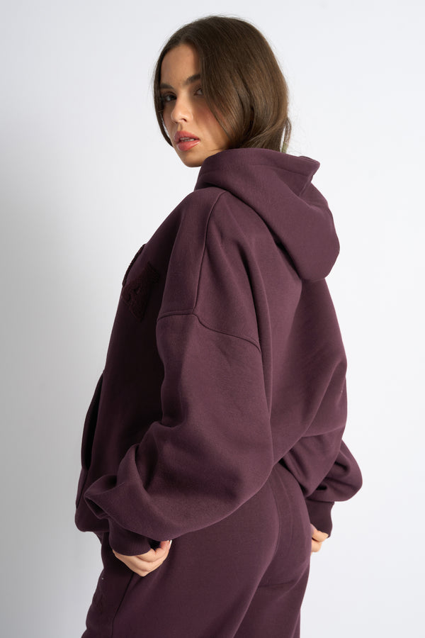 Kaiia Borg Slogan Oversized Hoodie Dark Cherry