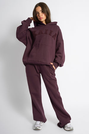 Kaiia Borg Slogan Oversized Hoodie Dark Cherry