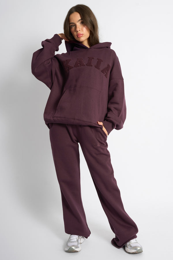 Kaiia Borg Slogan Oversized Hoodie Dark Cherry