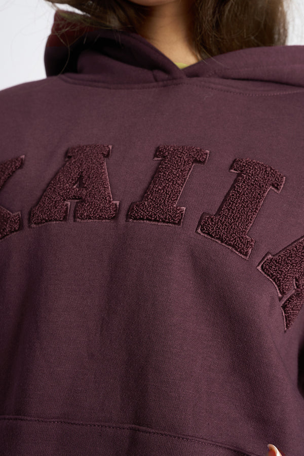 Kaiia Borg Slogan Oversized Hoodie Dark Cherry