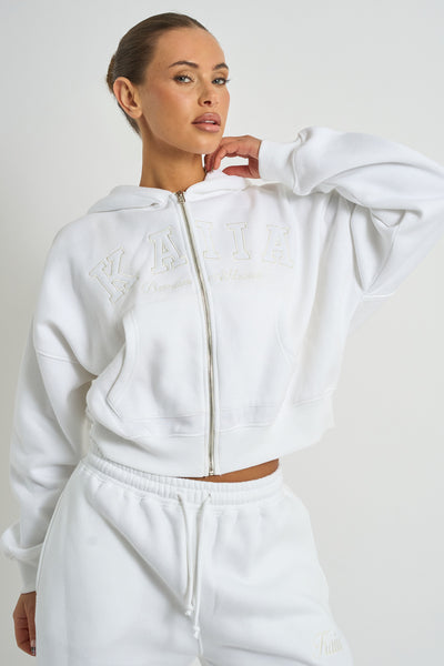 Kaiia Logo Zip Through Cropped Hoodie White | Kaiia