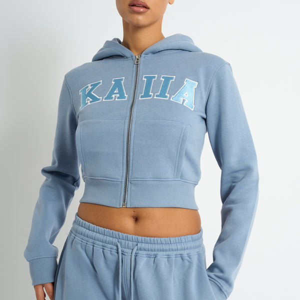 Kaiia Logo Zip Through Cropped Hoodie Light Blue | Kaiia