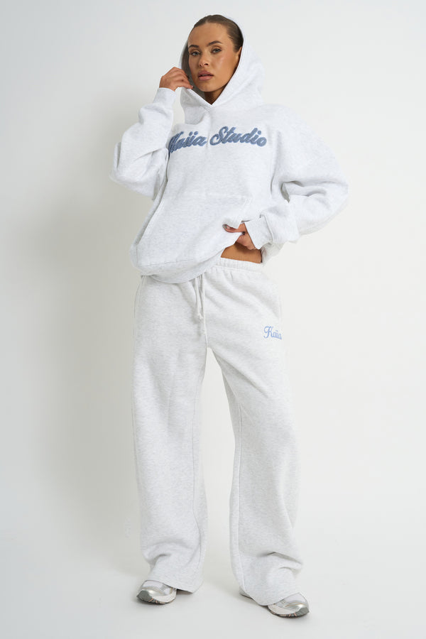 Kaiia Borg Script Logo Oversized Hoodie Light Grey Marl & Vintage Blue