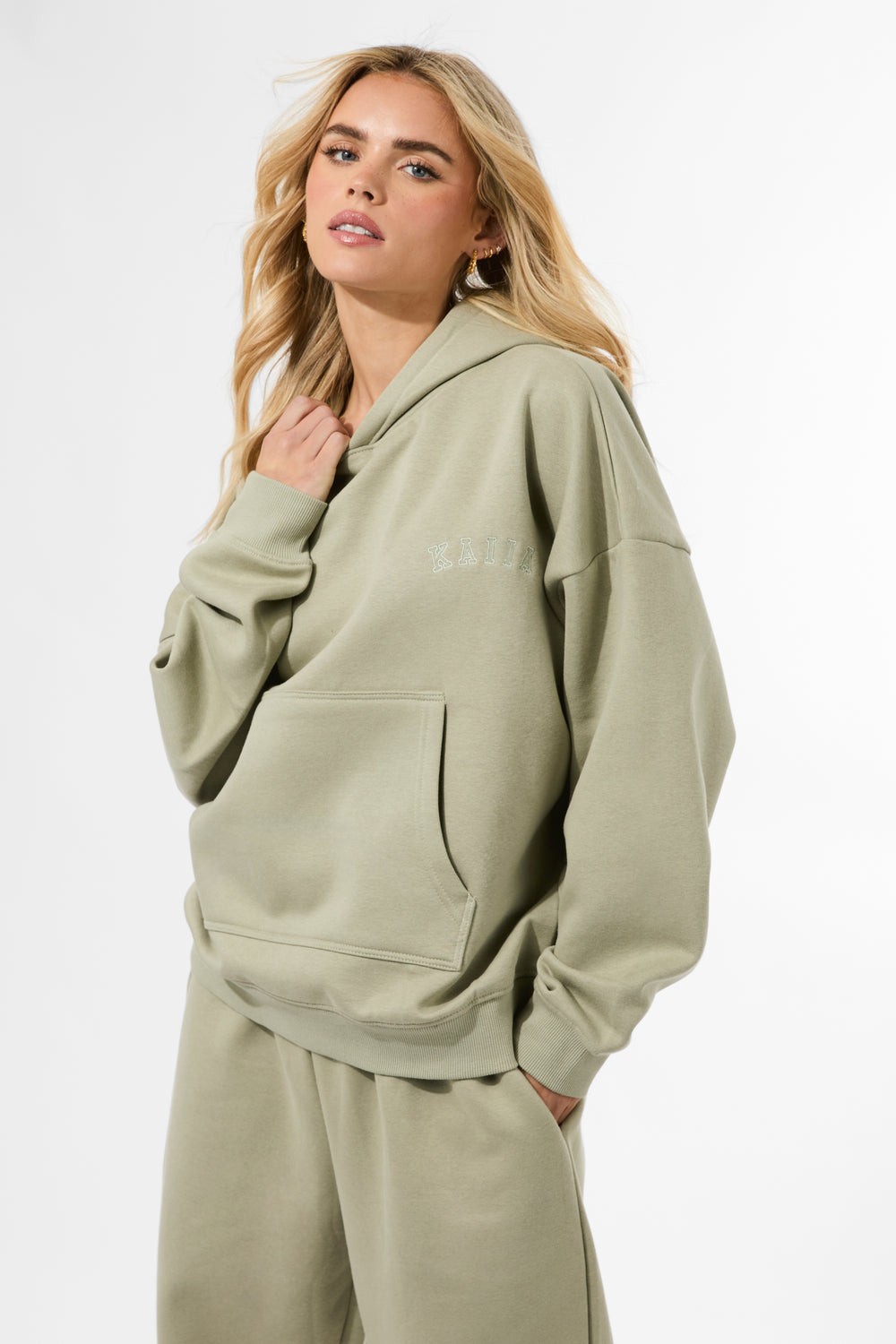 Kaiia Logo Embossed Oversized Hoodie Light Sage