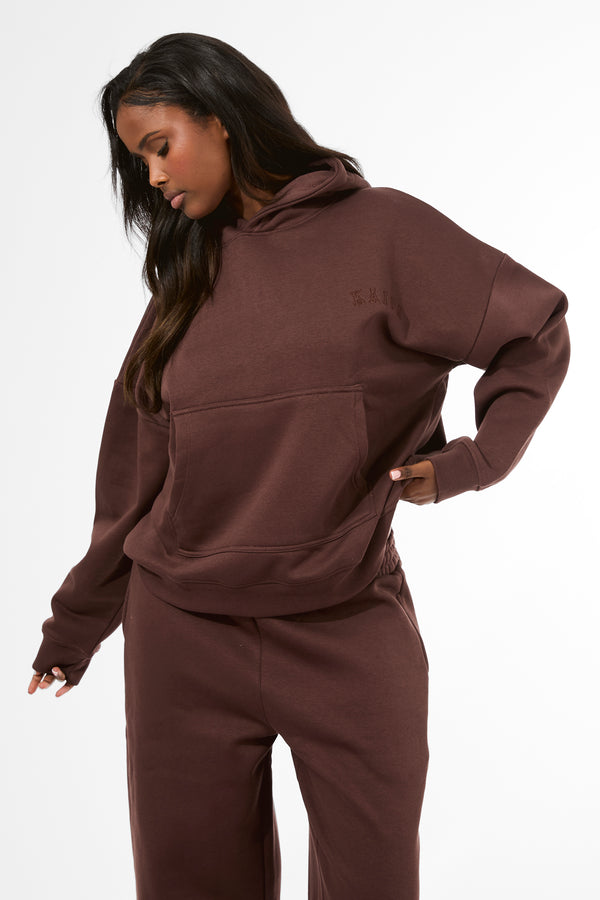 Kaiia Logo Embossed Oversized Hoodie Mocha