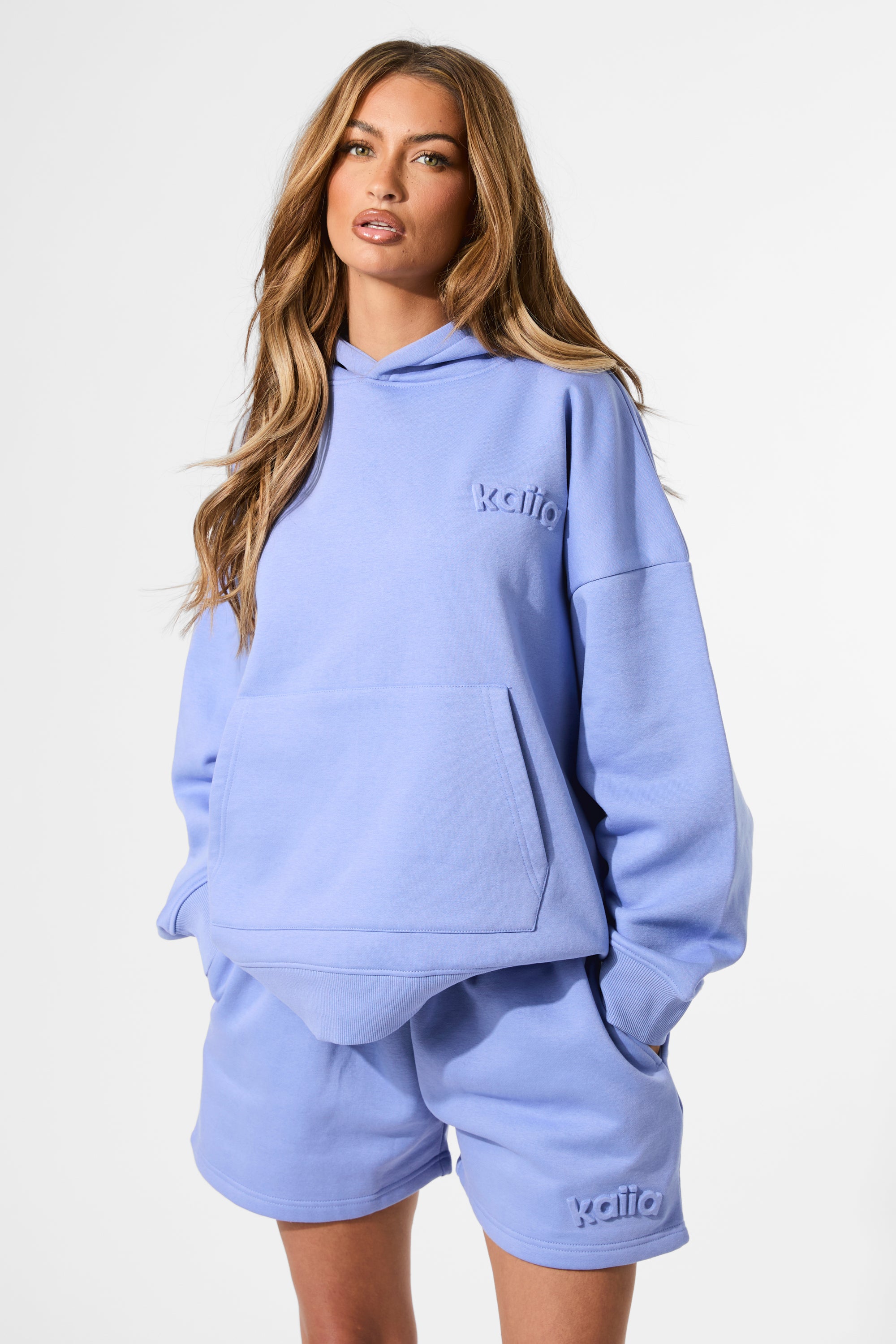 Kaiia Embossed Logo Oversized Hoodie Cornflower Blue | Kaiia