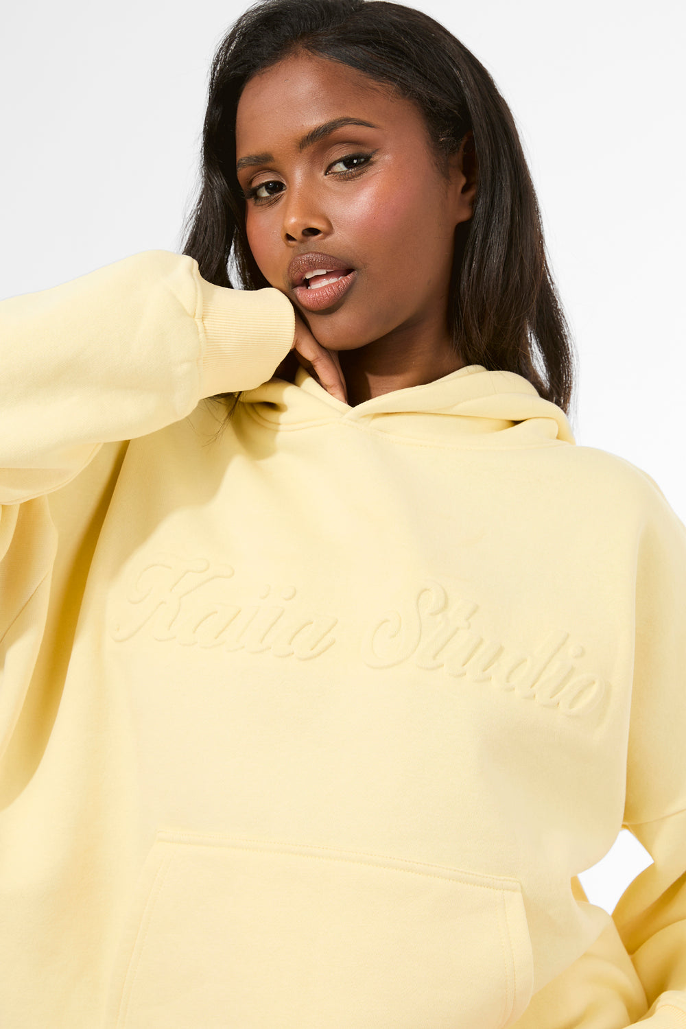 Kaiia Studio Embossed Script Logo Oversized Hoodie Lemon Sorbet