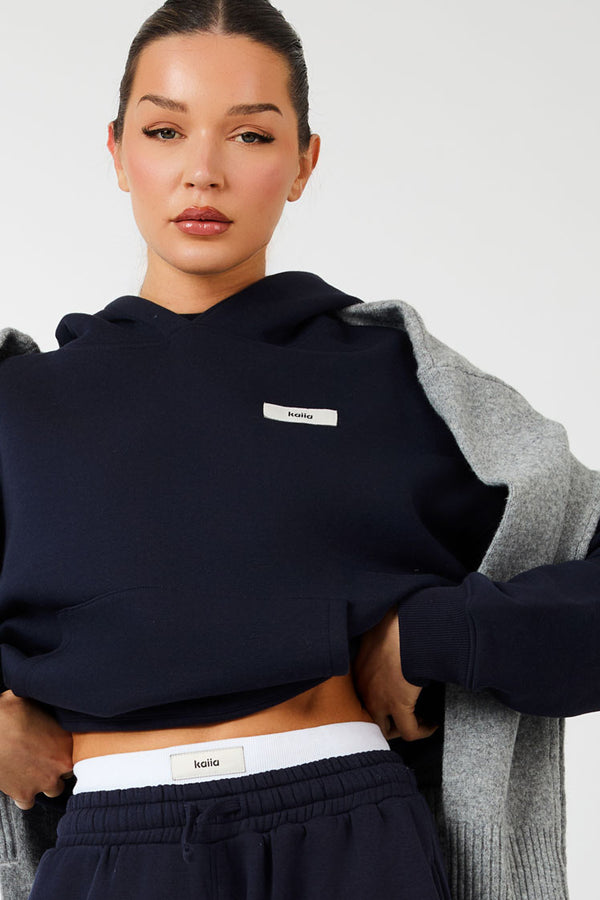 Kaiia Label Logo Exposed Waistband Wide Leg Joggers Navy