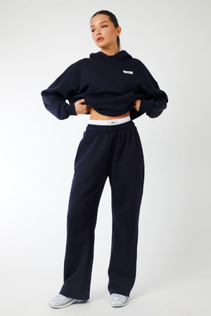 Kaiia Label Logo Exposed Waistband Wide Leg Joggers Navy