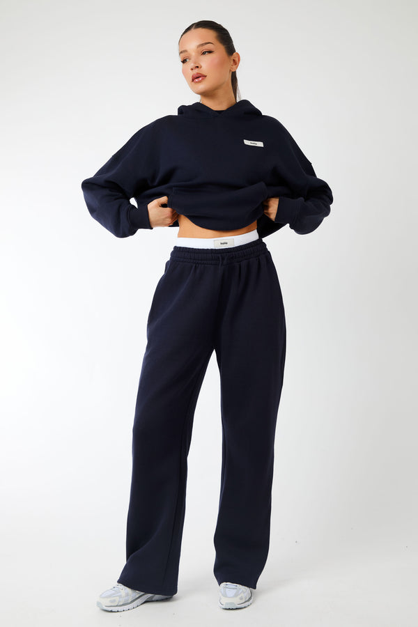Kaiia Label Logo Exposed Waistband Wide Leg Joggers Navy
