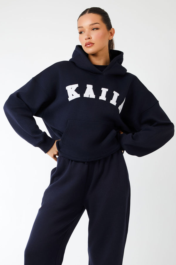 Kaiia Slogan Oversized Hoodie Navy & Light Grey Marl