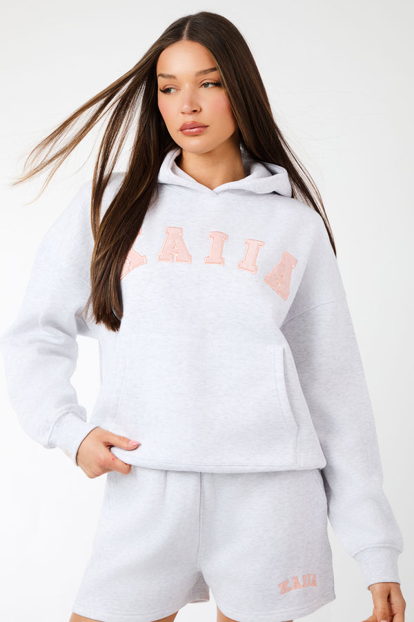 Kaiia Slogan Oversized Hoodie Light Grey Marl & Dusty Pink