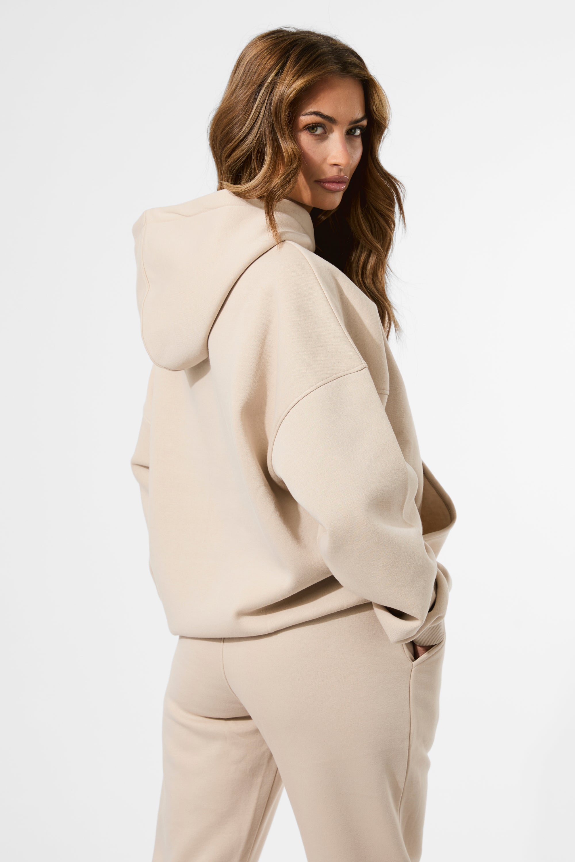 Kaiia Studio Borg Slogan Oversized Hoodie Truffle