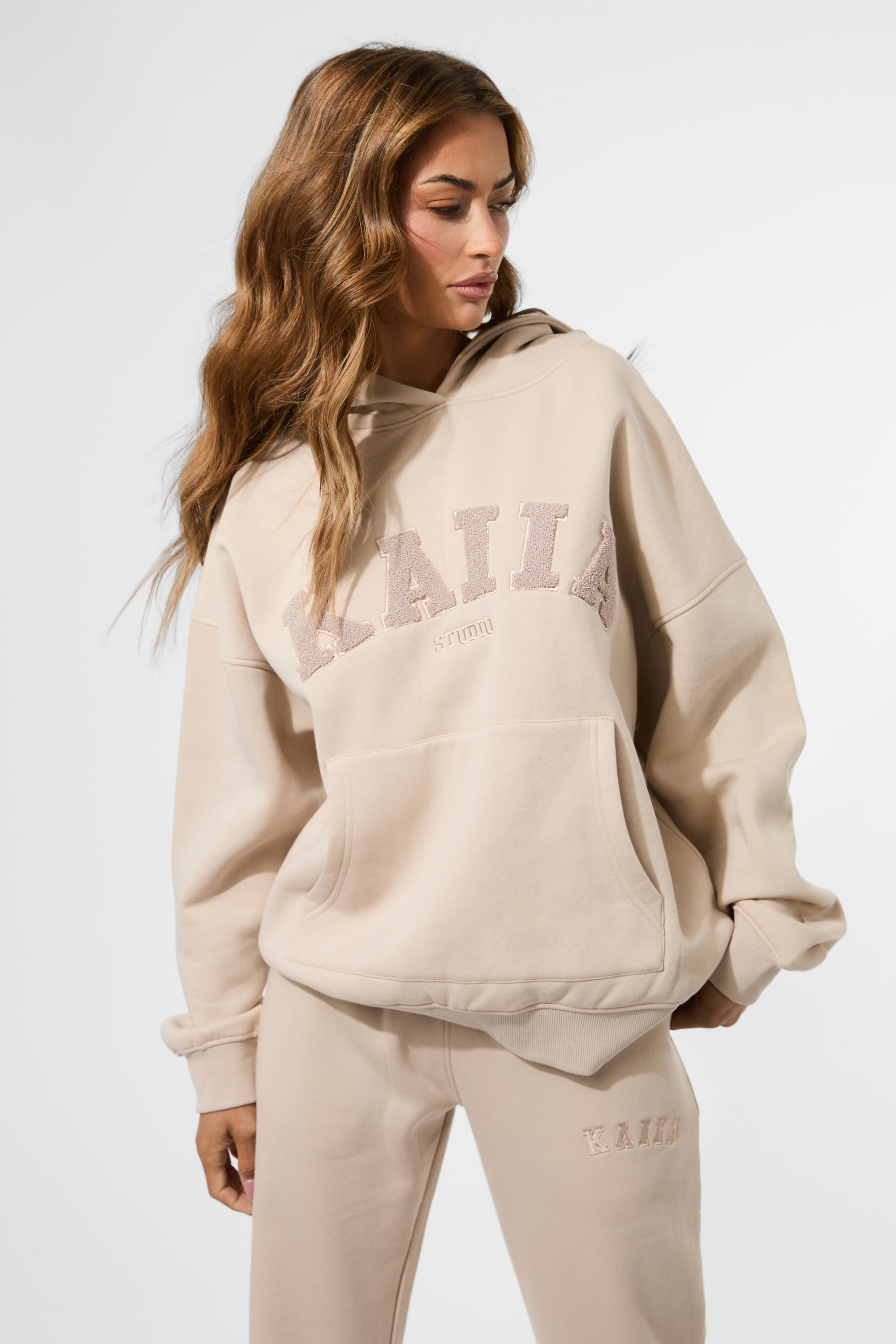 Kaiia Studio Borg Slogan Oversized Hoodie Truffle