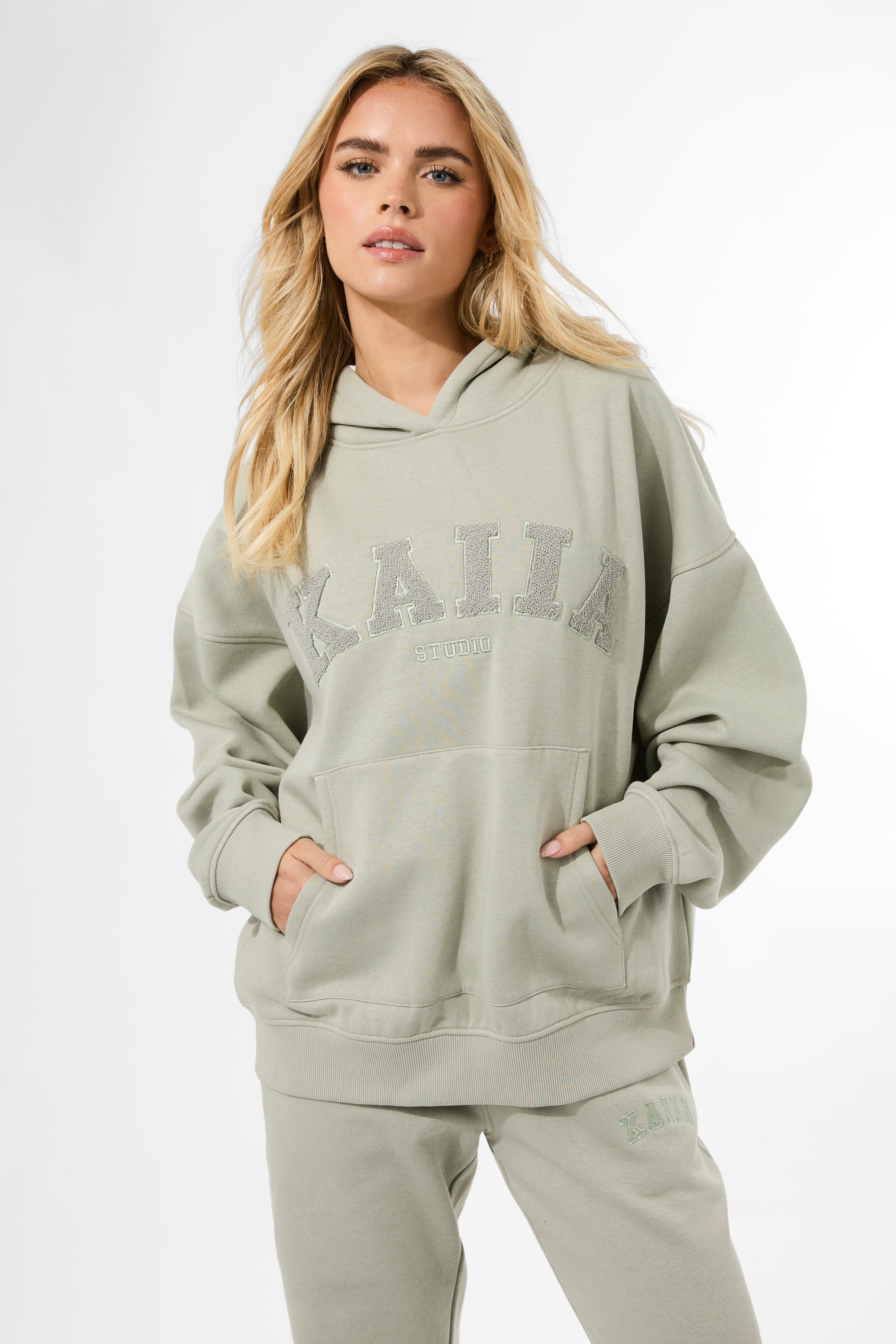 Kaiia Studio Borg Slogan Oversized Hoodie Matcha