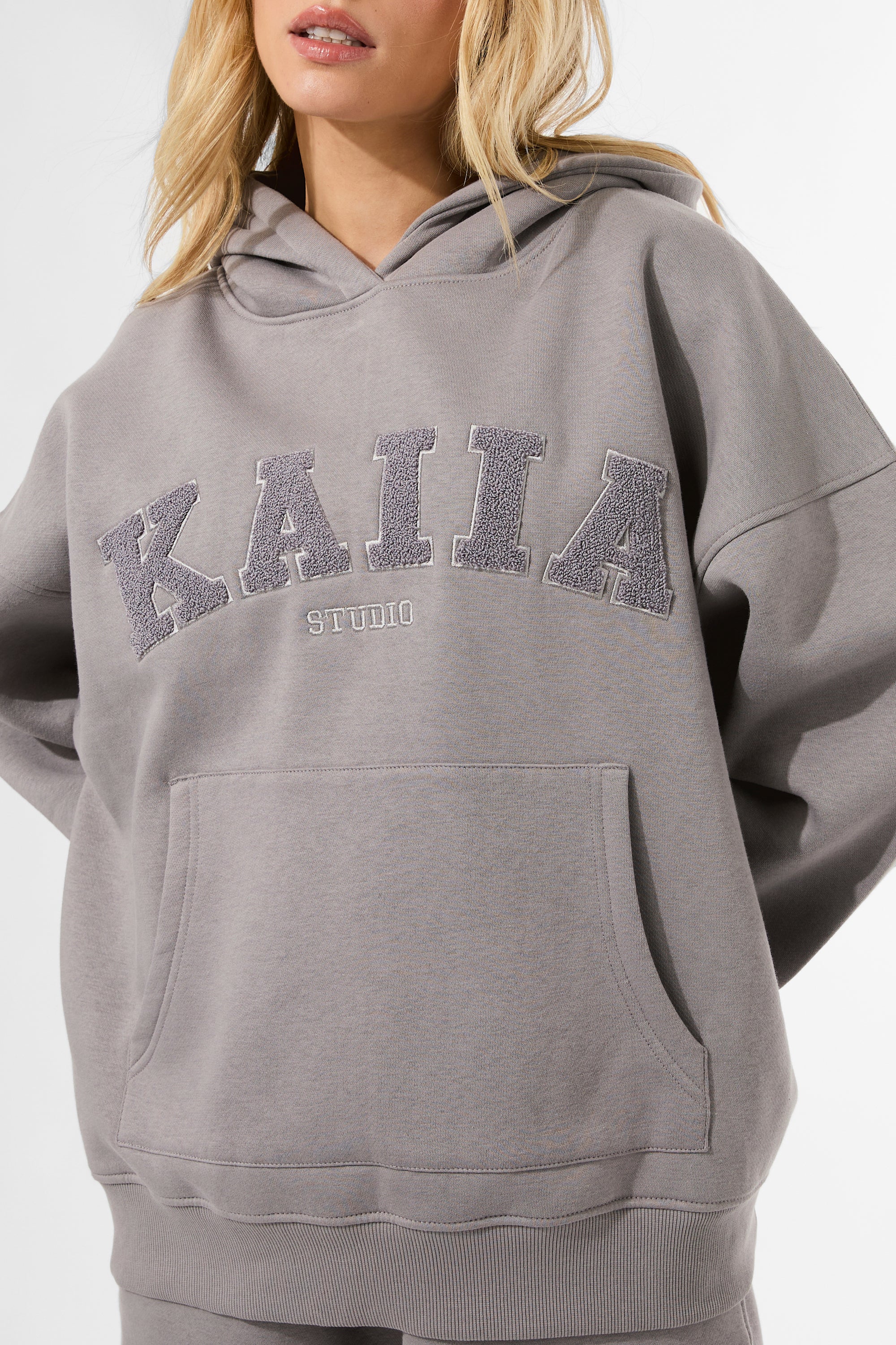 Kaiia Studio Borg Slogan Oversized Hoodie Dove Grey