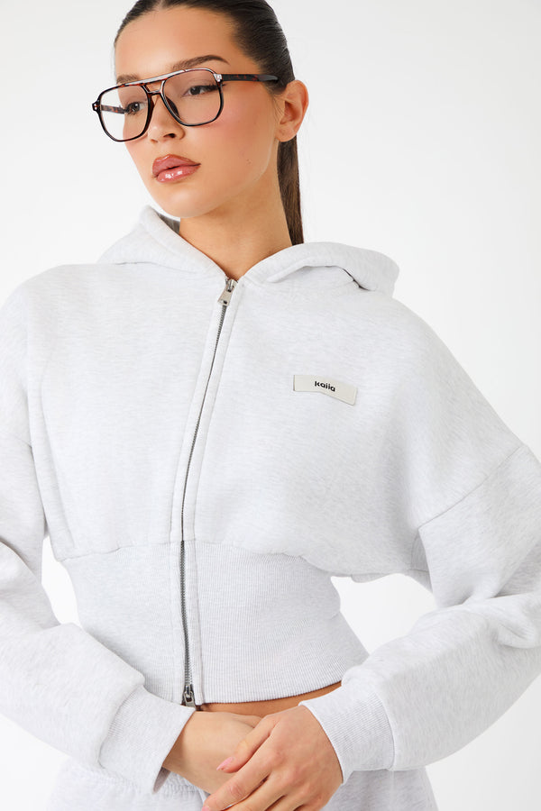 Kaiia Label Logo Corset Zip Through Hoodie Light Grey Marl
