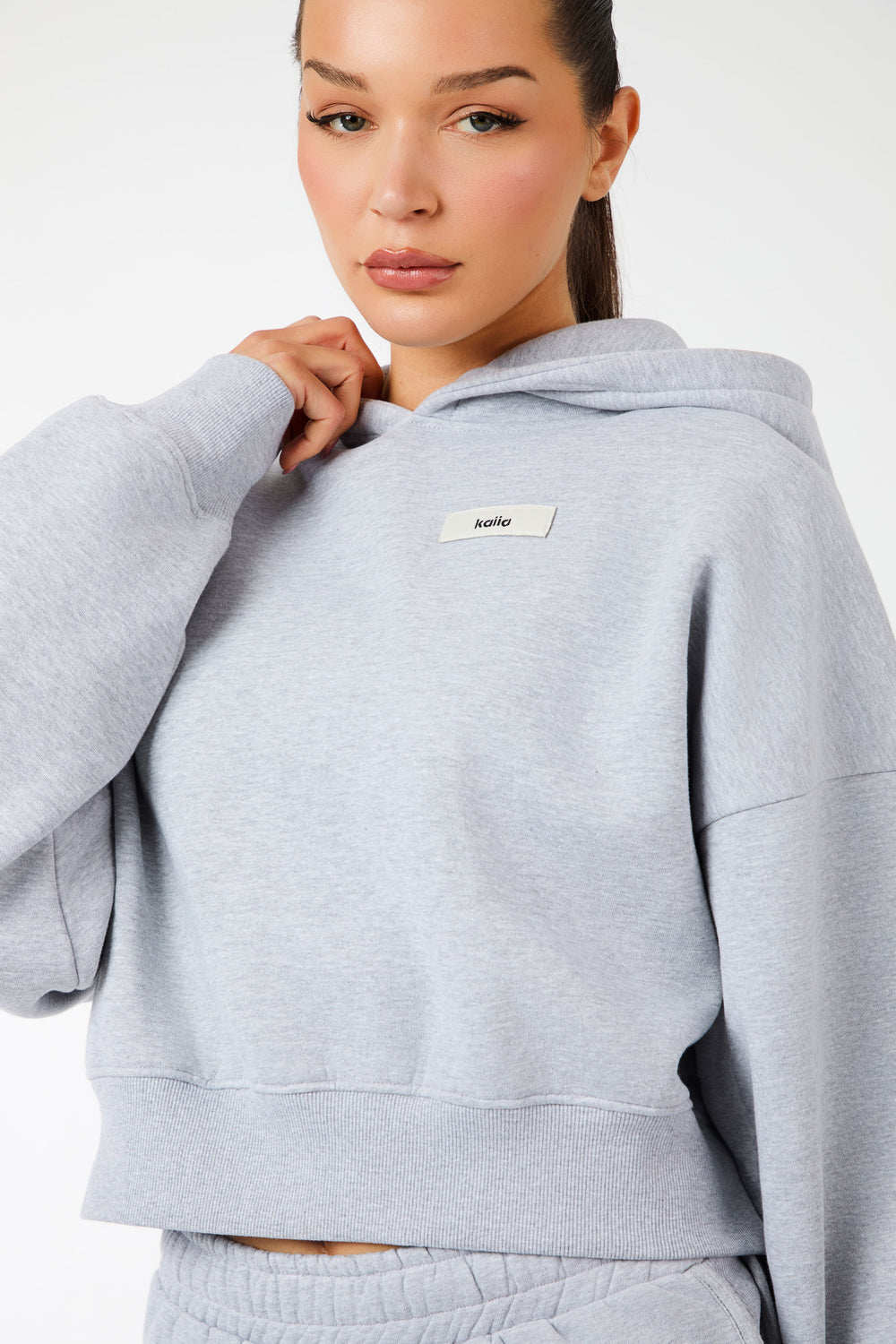 Kaiia Label Logo Cropped Oversized Hoodie Grey Marl