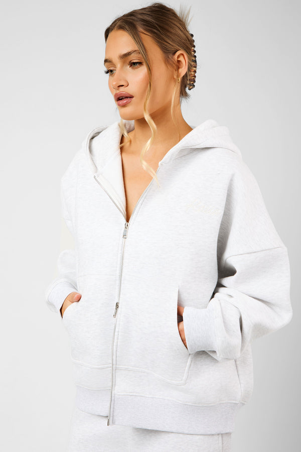 Kaiia Script Logo Oversized Double Ended Zip Through Hoodie Light Grey Marl