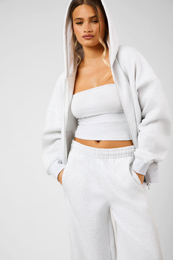 Kaiia Script Logo Oversized Double Ended Zip Through Hoodie Light Grey Marl