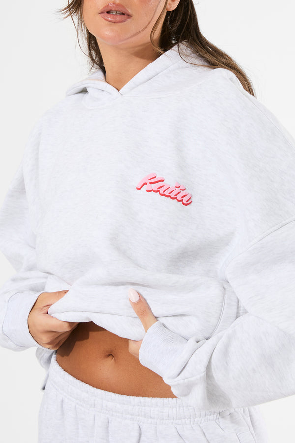Kaiia the Label Bubble Graphic Oversized Hoodie Light Grey Marl & Baby Pink