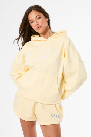 Kaiia Slogan Oversized Hoodie Lemon & White