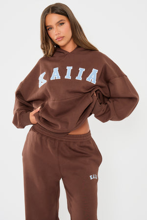 Kaiia Slogan Oversized Hoodie Brown & Light Blue