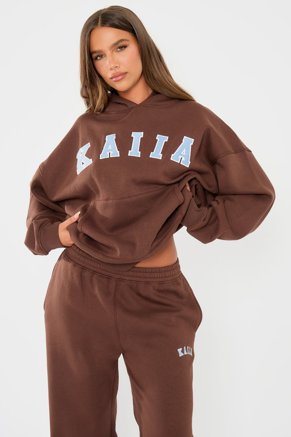 Kaiia Slogan Oversized Hoodie Brown & Light Blue