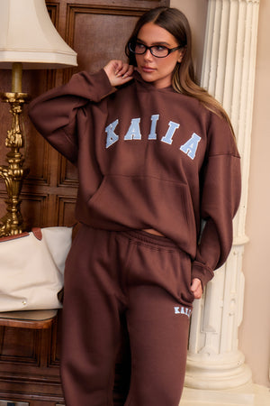 Kaiia Slogan Oversized Hoodie Brown & Light Blue