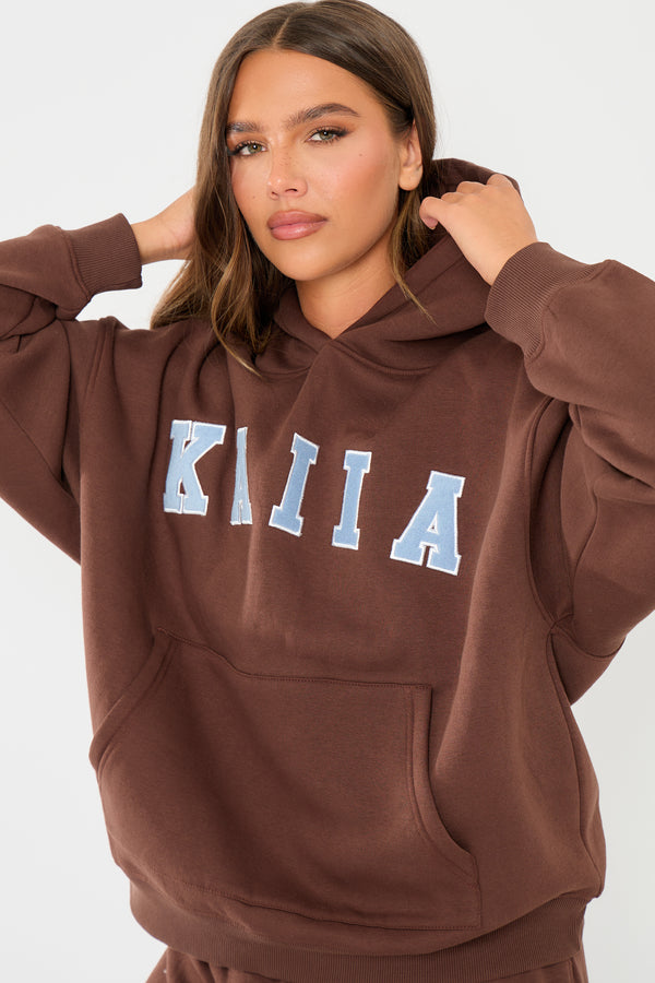 Kaiia Slogan Oversized Hoodie Brown & Light Blue