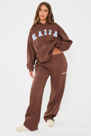 Kaiia Slogan Oversized Hoodie Brown & Light Blue