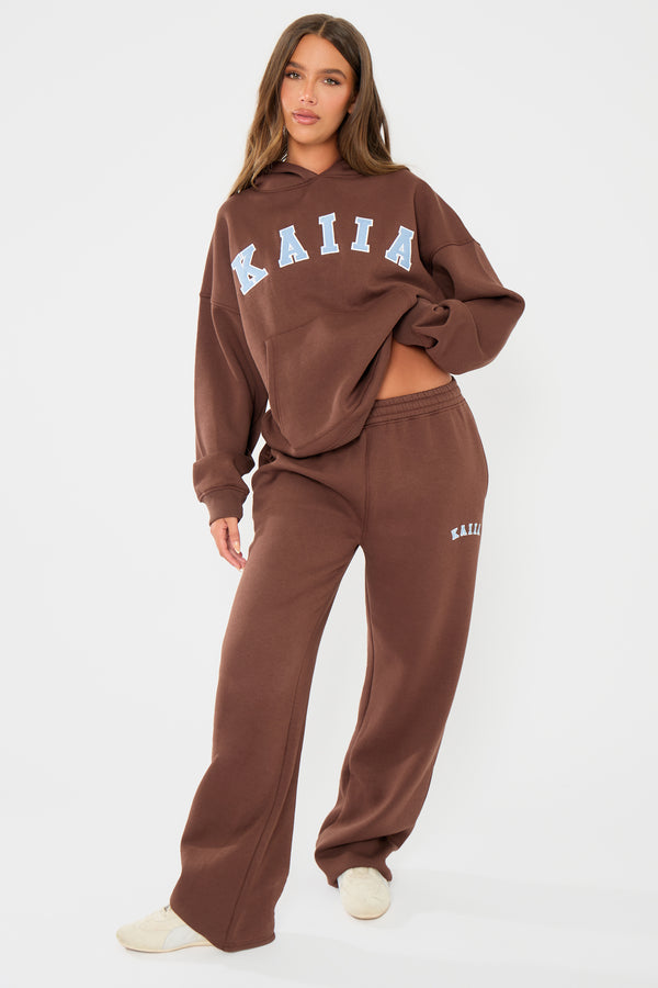 Kaiia Slogan Oversized Hoodie Brown & Light Blue