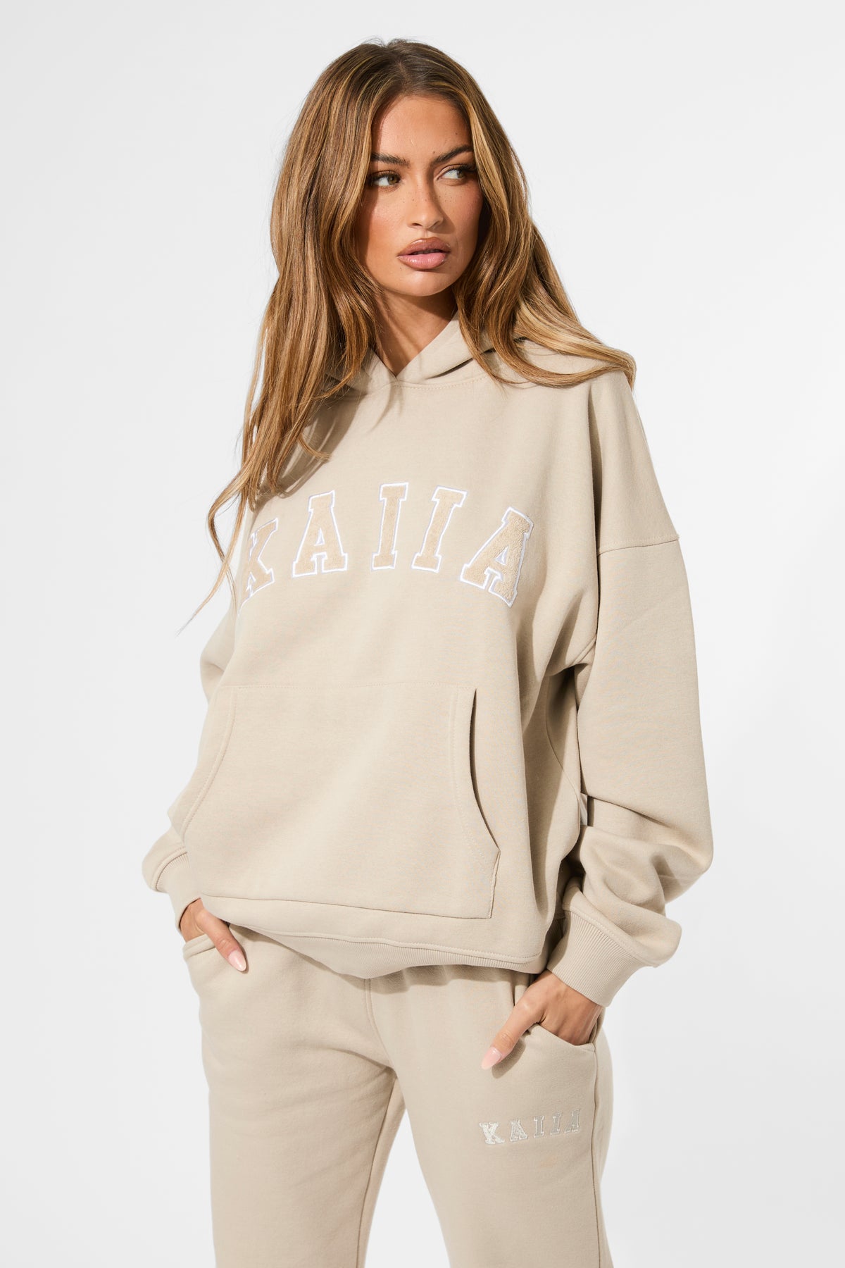Slsogan Kaiia Slogan Oversized Hoodie Stone | Kaiia
