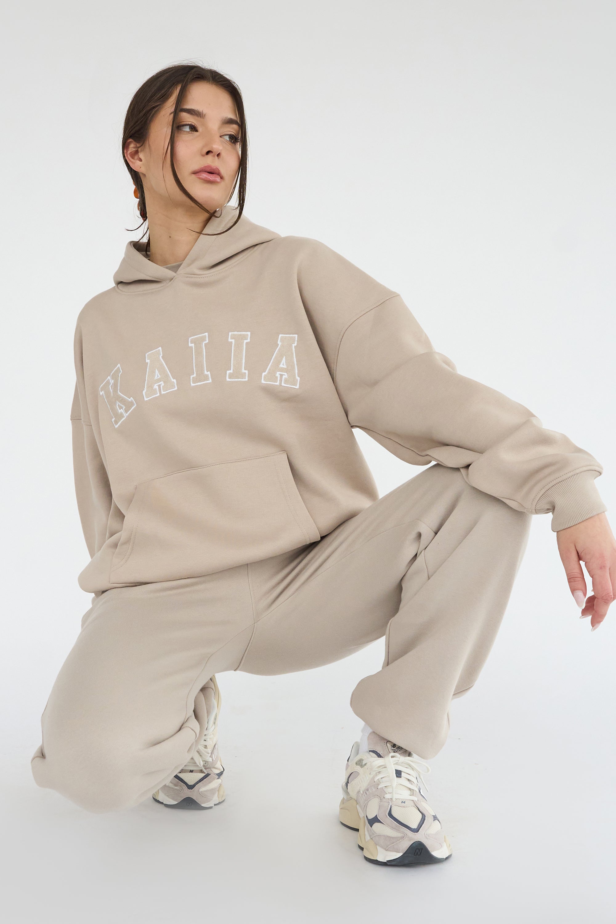 Kaiia Slogan Oversized Hoodie Stone