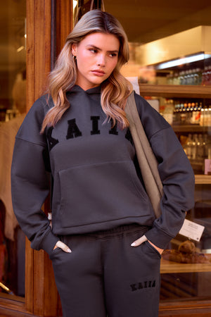 Kaiia Slogan Oversized Hoodie Dark Grey