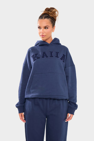 Kaiia Borg Slogan Oversized Hoodie Deep Blue
