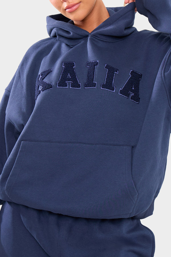 Kaiia Borg Slogan Oversized Hoodie Deep Blue